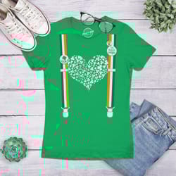 clover heart suspenders, shamrock shirt women, shenanigans shirt, lucky green irish shirt, ireland women, clover shirt,