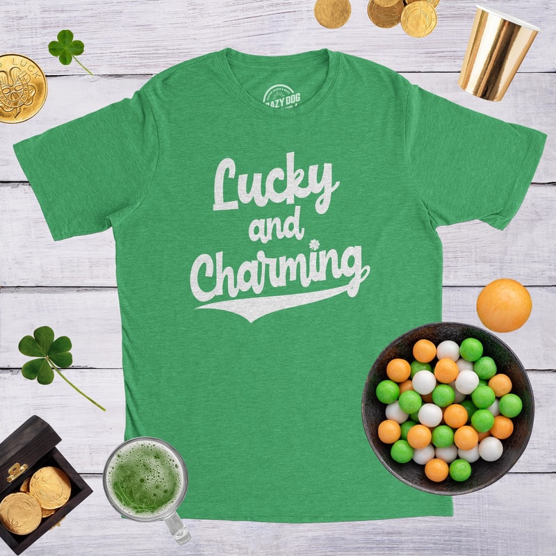 Mens Lucky And Charming Shirt, GREEN Shamrock Shirt, Lucky Irish Shirt, Ireland Drinking T Shirt, Irish Quotes St Patricks Day Shirts.jpg