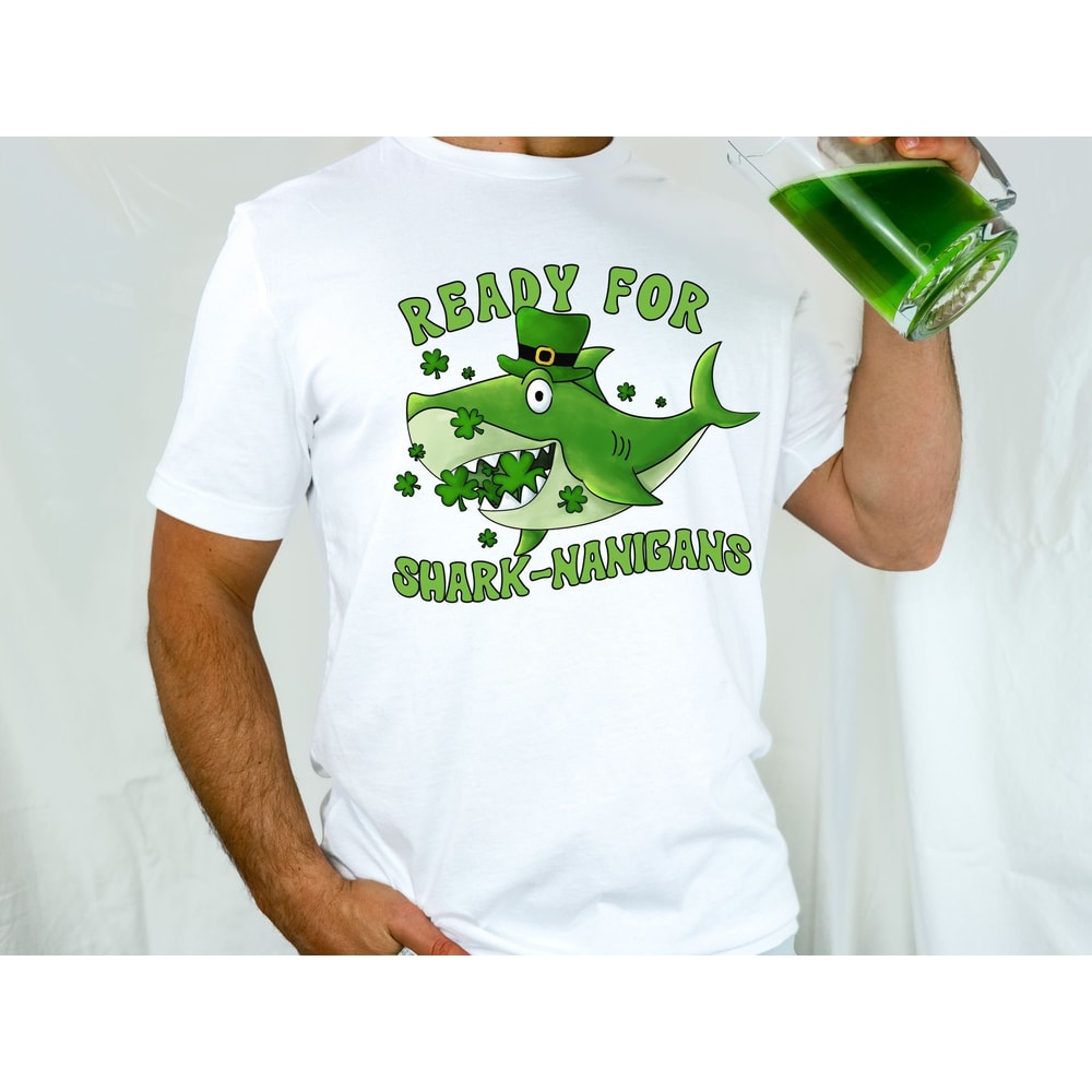Funny St Patricks Day Shirts, Shark Themed St Pattys Day Pun Shirt Men, Saint Patrick's Day Party Outfit, Genderneutral Shenanigans Shirt.jpg