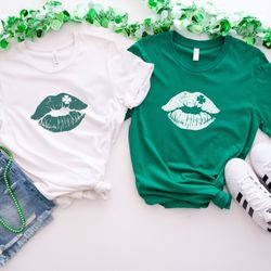 lucky shamrock st patricks day shirts, matching st pattys day party outfits for friend group, four leaf clover lips shir