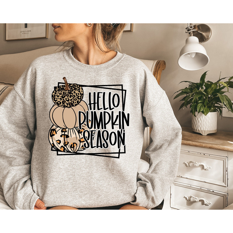 Hello Pumpkin Season Shirt, Pumpkin Patch Shirt, Thanksgiving Tee, Cute Fall Shirt, Leopard Pumpkin Shirt, Fall Vibes Shirt.jpg