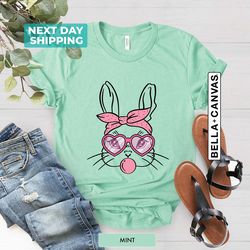 bunny with glasses shirt, easter shirt, easter bunny graphic tee, funny bubble gum bunny tee, easter shirts for women, l