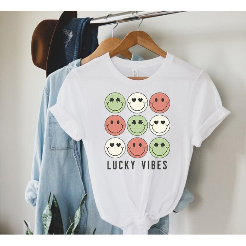Lucky Vibes Shirt, Smiley Face Shirt, Lucky Smiley Face Shirt, St. Patrick's Day Shirt, Shamrock Shirt, Emoji Shirt, Funny Patrick Day Shirt.jpg