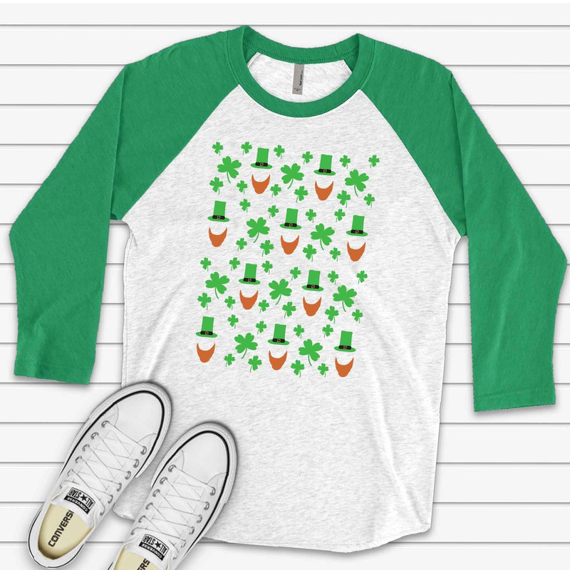 St Patrick's Day Raglan, Cute St Patrick's Day Leprechaun Hat and Beard, Clover Design on premium Raglan 34 sleeve shirt, plus size, 2X, 3X.jpg
