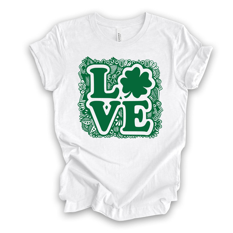 St Patrick's Day Tee, Cute LOVE St Patricks Mandala, Cute Clover Design, premium unisex tee, 4 color choices, 3x st patricks, 4x st patricks.jpg