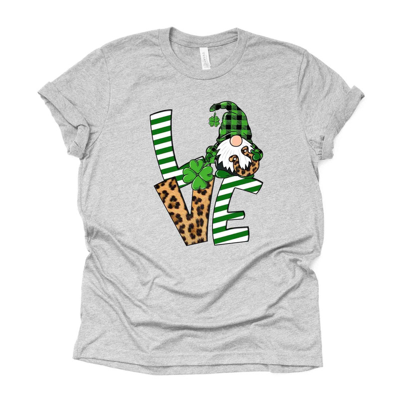 St Patrick's Day Tee, Cute Striped LOVE with St Patrick Gnome Design, premium unisex tee, 3 color choices, 2X, 3X, 4X, plus sizes available.jpg