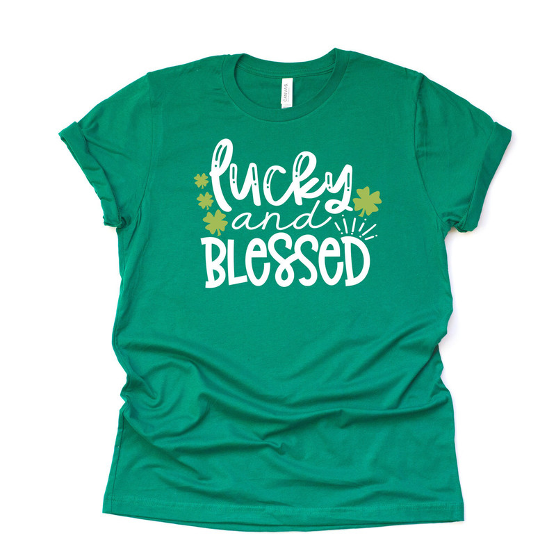 St Patrick's Day Tee, Lucky and Blessed with Shamrocks Design on premium unisex tee, 2 color choices, 2X, 3X, 4X, plus sizes available.jpg
