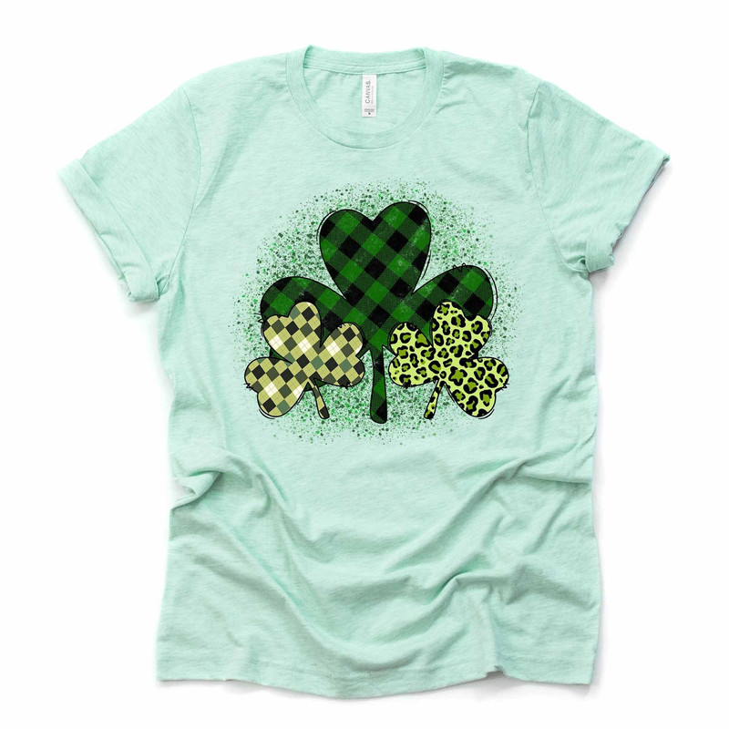 St Patrick's Day Tee, Plaid and Leopard Clover, Plaid Shamrock Design, premium unisex tee, 3 color choices, 2X, 3X, 4X, plus sizes available.jpg