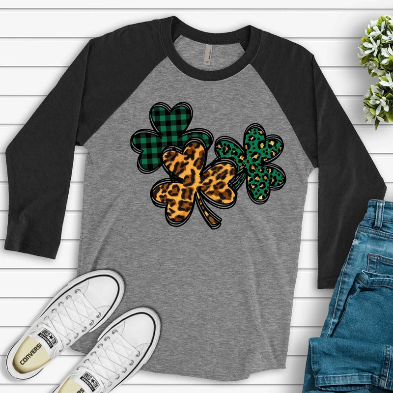 St. Patrick's Day Raglan, Cute St Patrick's 3 Shamrocks Leopard Print Clover Design on premium Raglan 34 sleeve shirt, plus size, 2X, 3X.jpg