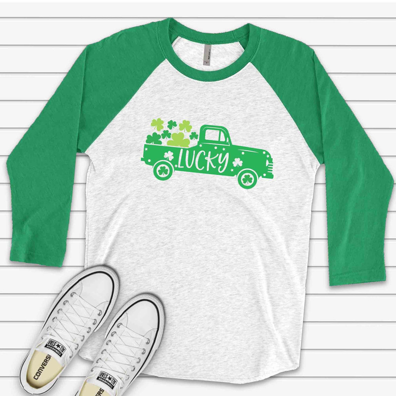 St. Patrick's Day Raglan, Cute St Patrick's LUCKY Truck with Shamrocks Design on premium Raglan 34 sleeve shirt, plus size, 2X, 3X.jpg