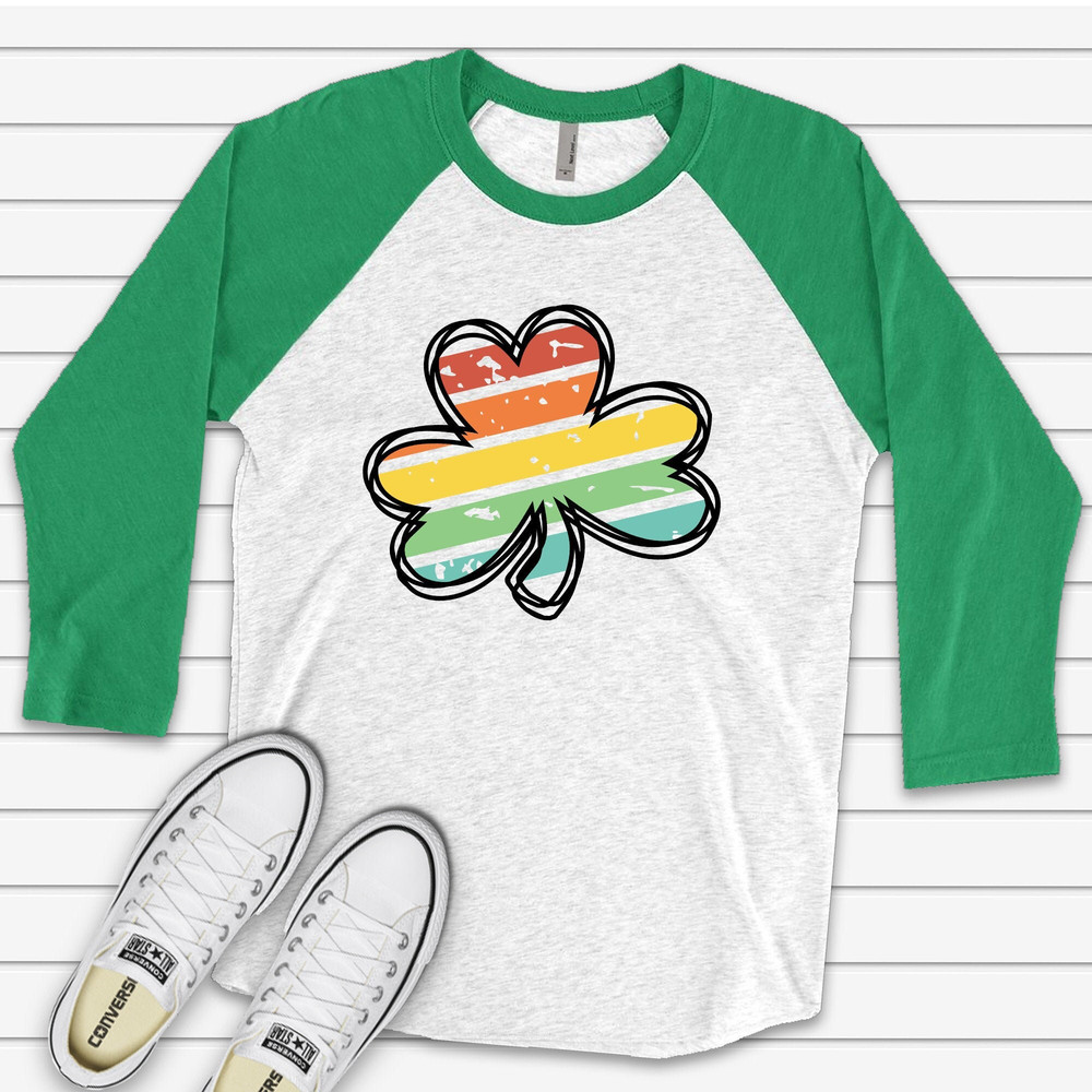 St. Patrick's Day Raglan, Cute St Patrick's Shamrock with Rainbow Design on premium Raglan 34 sleeve shirt, plus size, 2X, 3X.jpg