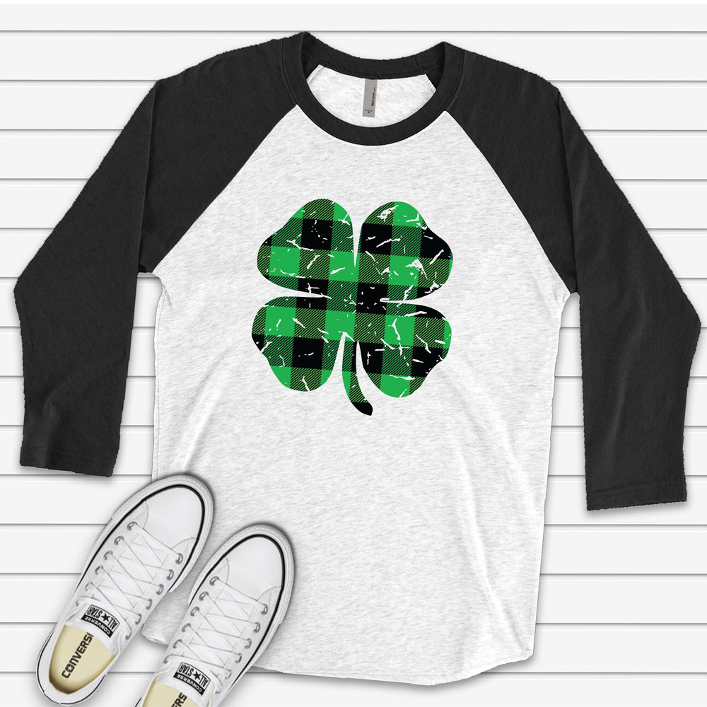 St. Patrick's Day Raglan, Distressed Black and Green Buffalo Plaid Shamrock Design on premium Raglan 34 sleeve shirt, plus size, 2X, 3X.jpg
