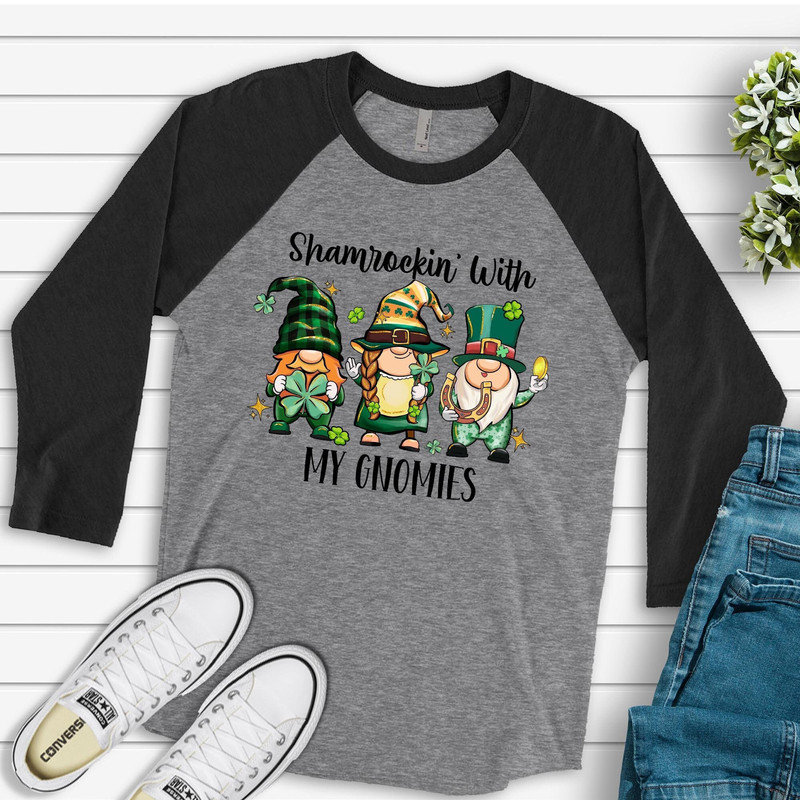 St. Patrick's Day Raglan, Shamrockin' With My Gnomies, St Patrick's Day Gnomes Design on premium Raglan 34 sleeve shirt, plus size, 2X, 3X.jpg