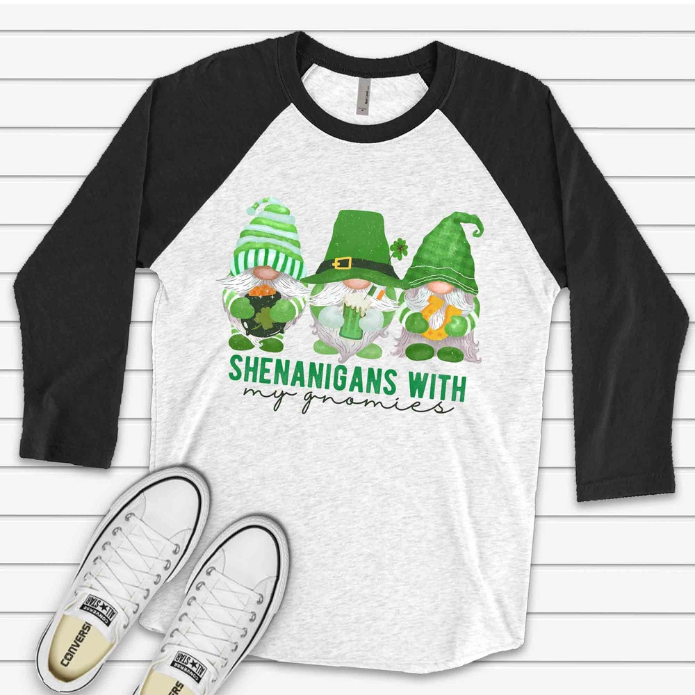 St. Patrick's Day Raglan, Shenanigans with My Gnomies, St Patrick Gnomes Design on premium Raglan 34 sleeve shirt, plus size, 2X, 3X.jpg