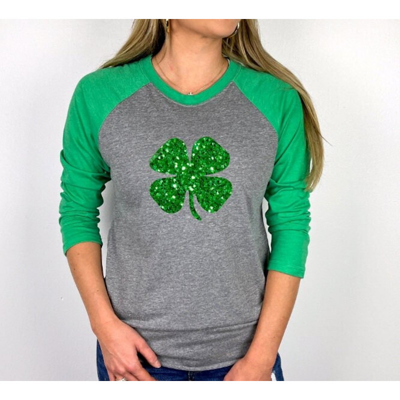 Green Glitter Shamrock, St. Patrick's Day Shirt, Shamrock Shirt, St. Paddy's Day Long Sleeve Unisex Raglan, 34 sleeve,Plus Sizes.jpg
