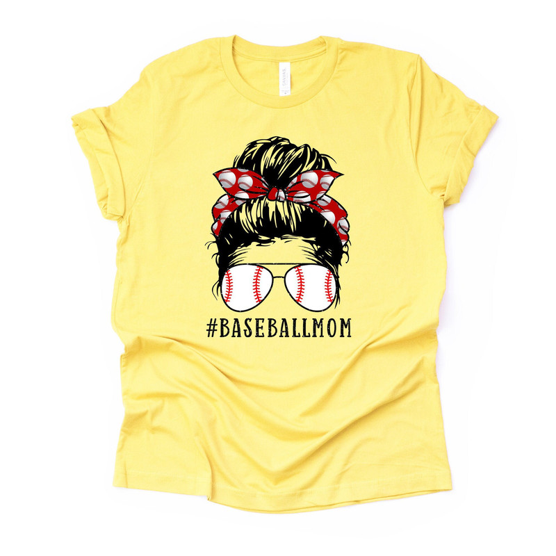 Baseball Mom, Messy Bun Baseball Mom with Baseball Sunglasses Print Design on premium Bella + Canvas unisex shirt, plus sizes, baseball.jpg