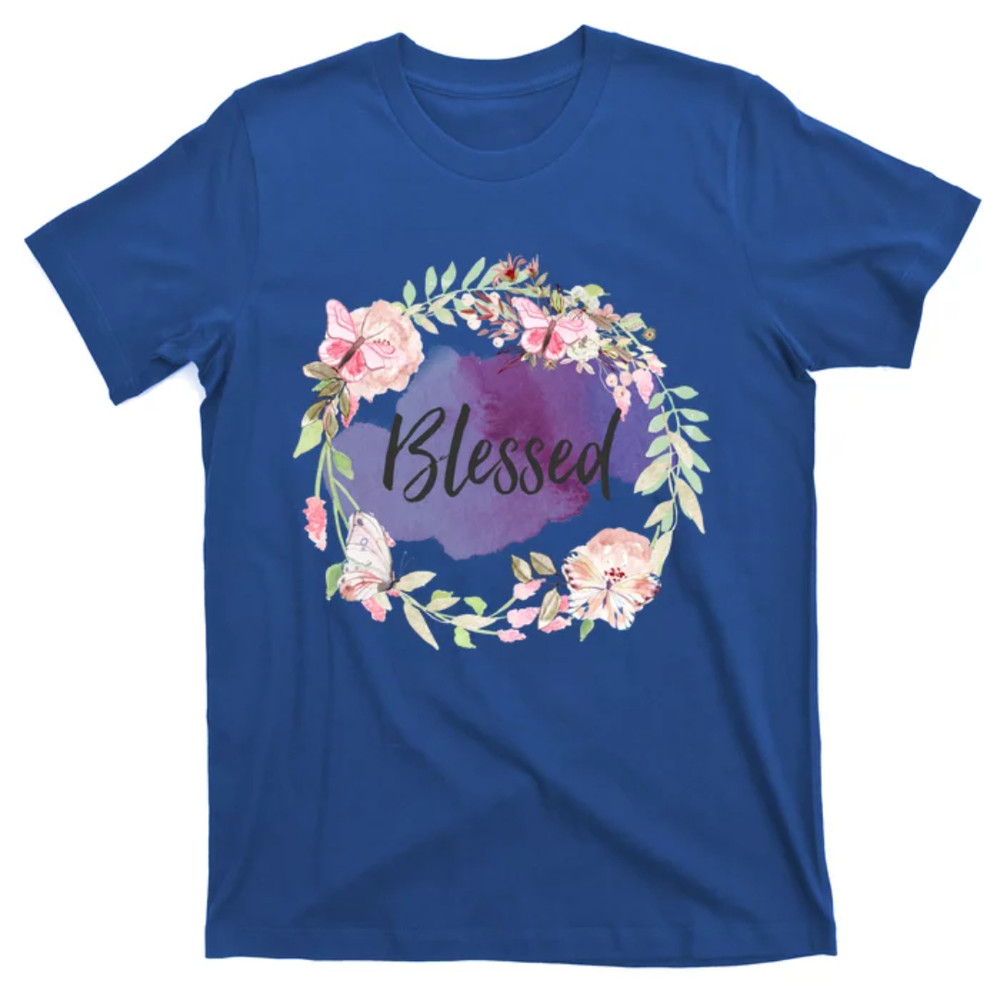 TeeShirtPalace Blessed Mothers Day Watercolor Butterfly Flower Wreath Gift T-Shirt.jpg