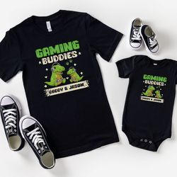 personalized gaming buddies shirt, gamer dad and me dinosaur matching shirt, dad and baby gaming matching shirts, gamer