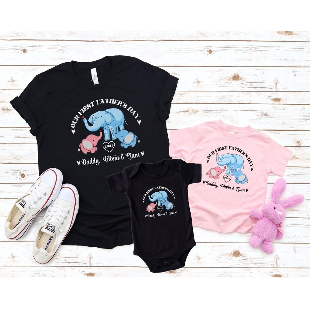Personalized Our First Fathers Day Shirt, Twin Dad Elephant Matching Shirt, New Dad Father's Day Gift, First Fathers Day Twin Matching Tee.jpg