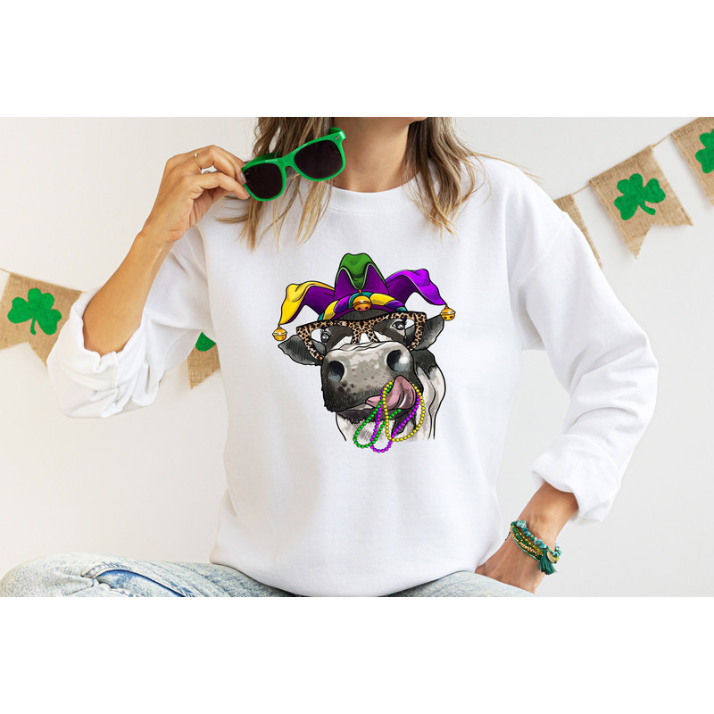 Mardi Gras Cow Sweatshirt, Nola Shirt,Fat Tuesday Shirt,Flower de luce Shirt,Mardi Gras Carnival,Louisiana Shirt,Saints New Orleans Shirt.jpg