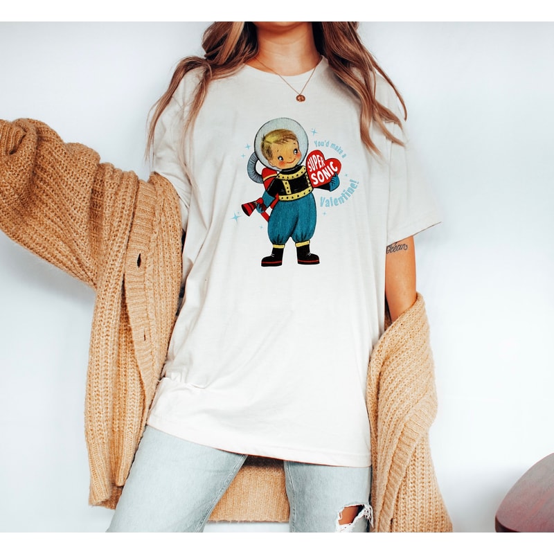Retro Valentine Shirt, Funny Valentines Day Space Boy Shirt, Vintage Valentines Gift for Her, Mid Century Modern Tee, Boho Valentines Shirt.jpg