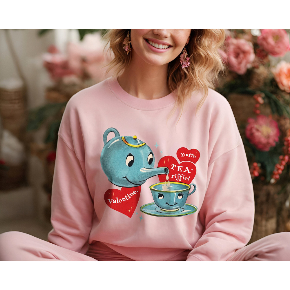 Retro Valentine Sweatshirt Teapot Gift, Vintage Valentines Day Top, Preppy Valentine Shirt, Funny Valentine Teacher Shirts, Cute Crewnecks.jpg