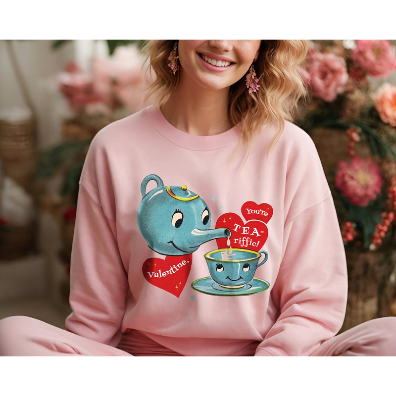 Retro Valentine Sweatshirt Teapot Gift, Vintage Valentines Day Top, Preppy Valentine Shirt, Funny Valentine Teacher Shirts, Cute Crewnecks.jpg
