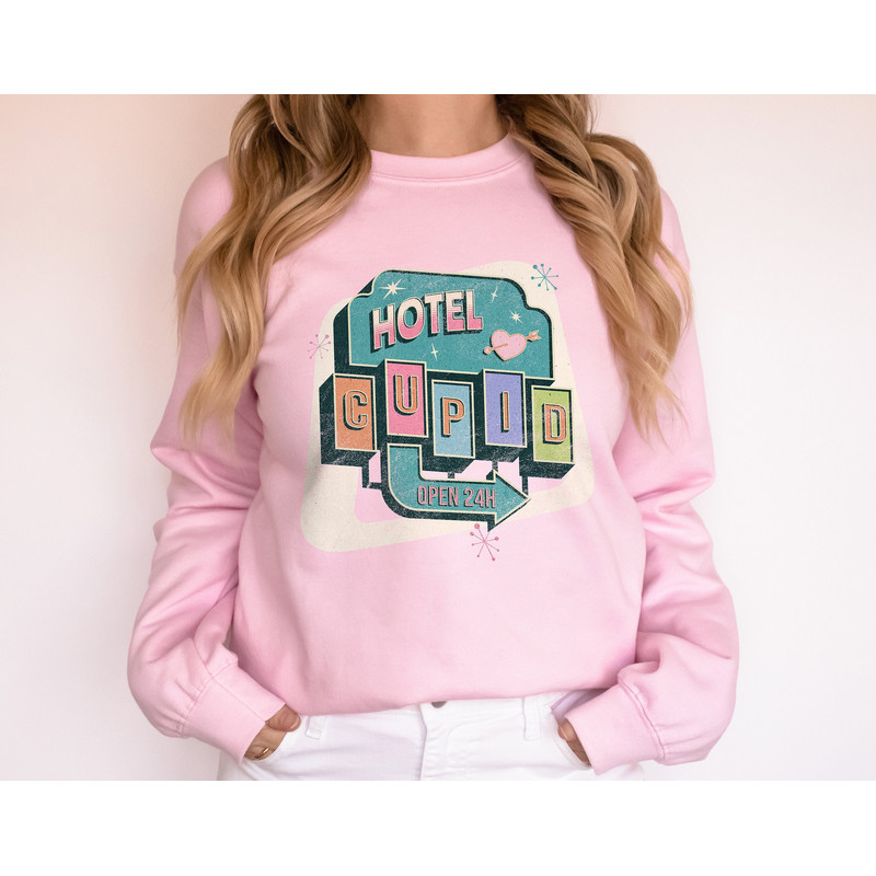 Retro Valentines Day Sweatshirt, Cupid Hotel Funny Valentine Shirt Gift for Her, Womens Vintage Valentines Sweater, Valentines Teacher Shirt.jpg