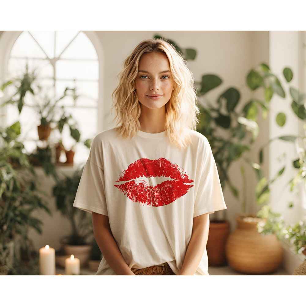 Valentines Comfort Colors Shirt, Red Lips Kiss Valentines Day Shirt Gift for Her, Vintage Style Valentine Tee Valentine Teacher Shirt Tshirt.jpg