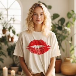 valentines comfort colors shirt, red lips kiss valentines day shirt gift for her, vintage style valentine tee valentine