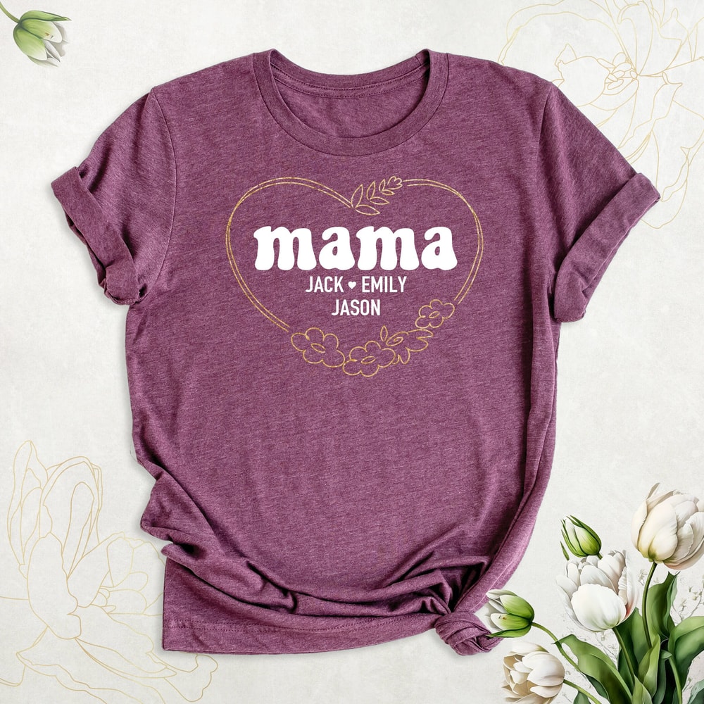 Custom Mama Shirt, Heart Mom Shirt With Kids Names, Mom Birthday Gift Shirt, Personalized Mom T-Shirt, Mothers Day Shirt, Baby Shower Shirts.jpg