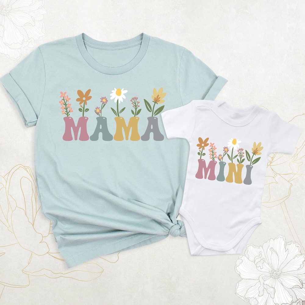 Floral Mama Shirt, Floral Mini Shirt, Mama and Baby Shirt, Matching Mama Mini Shirt, Flowers Mama Mini T-Shirt, Mama Shirt, Mom Gift Tshirt.jpg