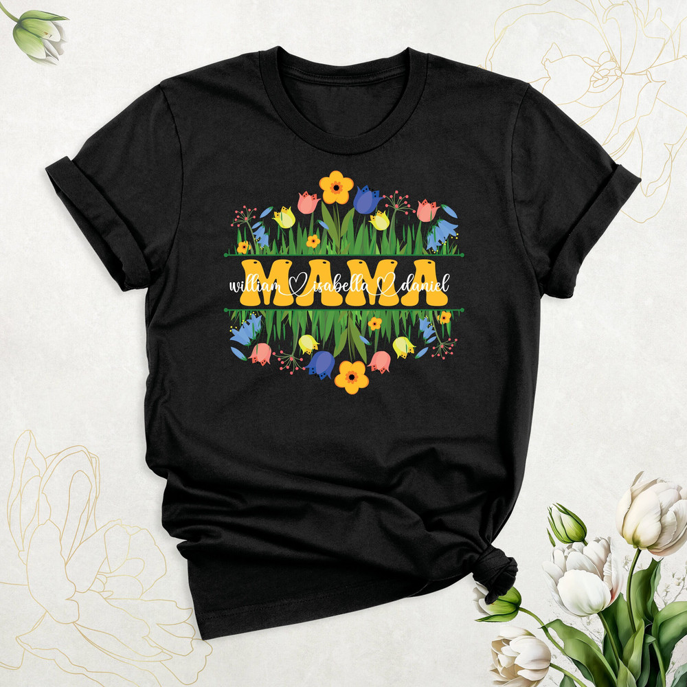 Floral Mama Shirt, Personalized Mom Shirt With Kids Names, Mothers Day Shirt, Wildflower Mom Shirt, Retro Mama Life Shirt, Custom Name Shirt.jpg