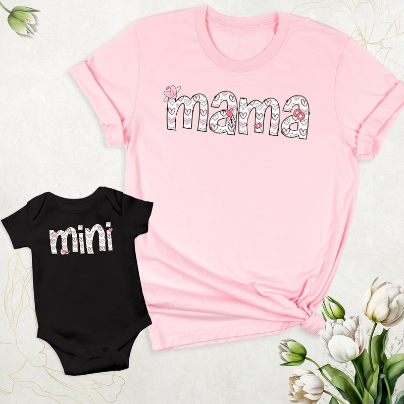 Mama Mini Shirts, Matching Mother's Day Shirt, Retro Mama and Baby Outfits, Mommy and Me Shirt, Cute Mom Heart Shirt, Mom and Daughter Shirt.jpg