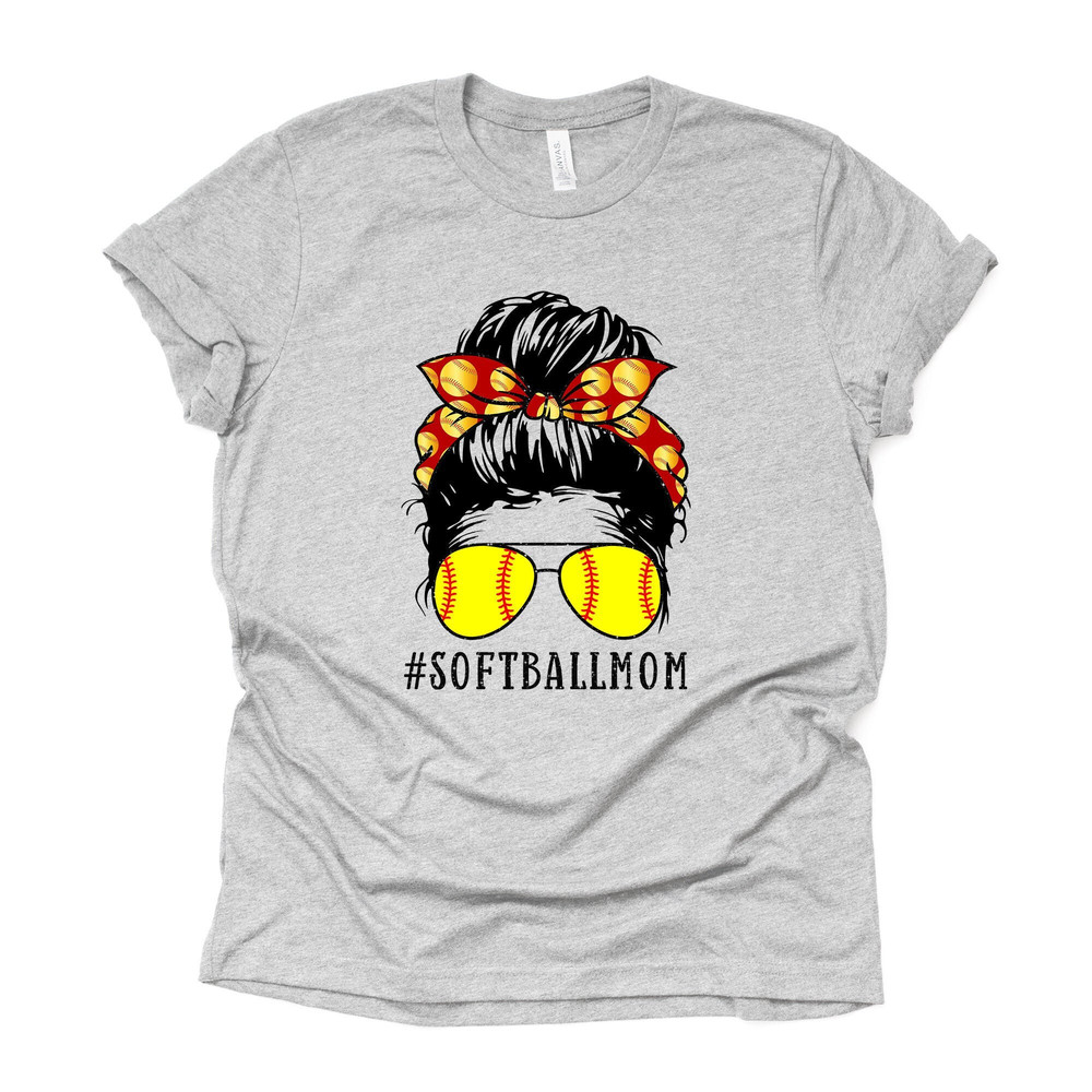 Softball Mom, Messy Bun Softball Mom with Softball Sunglasses Print Design on premium Bella + Canvas unisex shirt, plus sizes, baseball.jpg