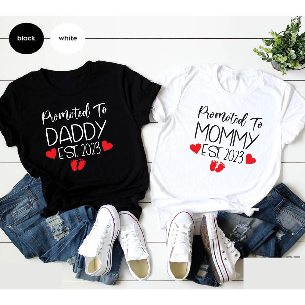 Baby Announcement Shirt, Promoted to Mommy Est 2023, New Mother Shirt, New Parents Shirt, Promoted to Daddy Tee, Pregnancy Reveal Shirts.jpg