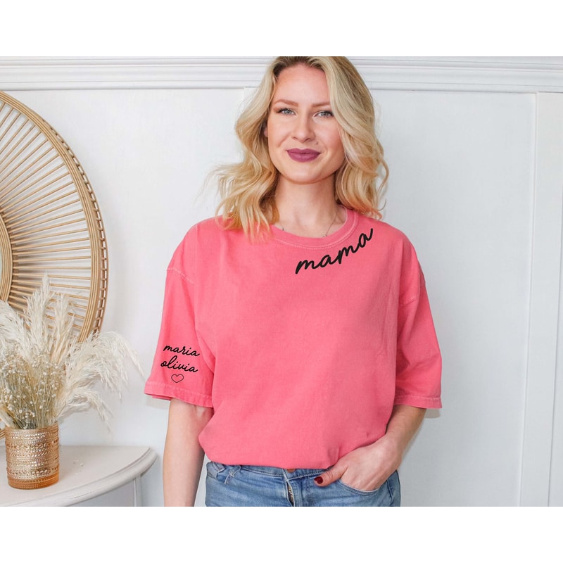 Comfort colors Mom shirt,Mothers day shirt,Mothers day gift,Mom shirt,Custom Mama neck shirt with kids name on sleeve,Personalized Mom Shirt.jpg