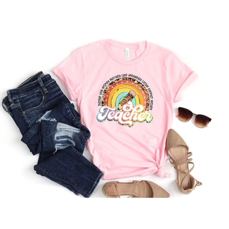 Teacher Rainbow Shirt, Teach Love Inspire, Inspirational Teacher Shirt, Teacher Appreciation, Gift for Teacher, Cute Teacher Shirt.jpg