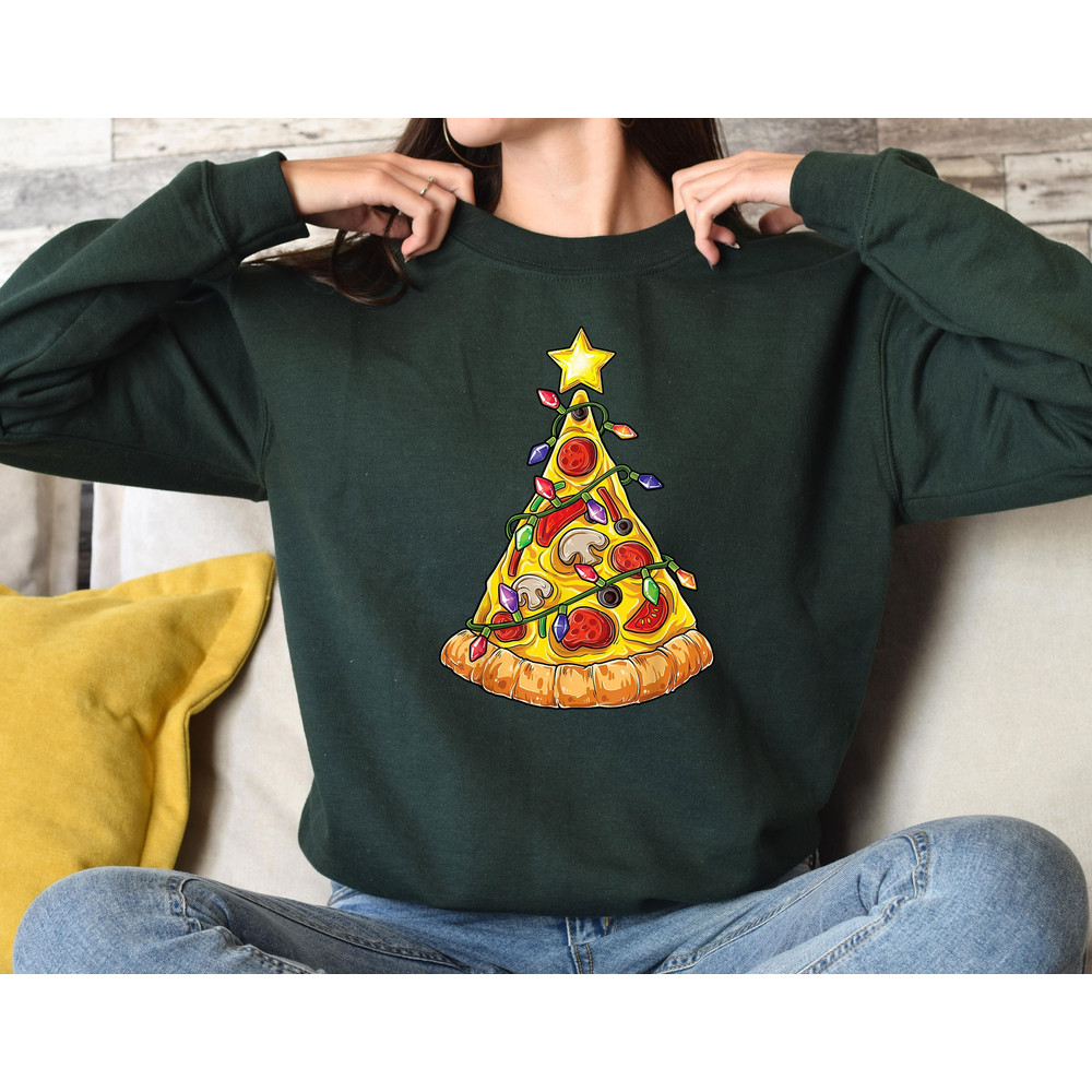 Pizza Christmas Tree Lights Sweatshirt, Merry Christmas Sweatshirt, Family Holiday Sweatshirt, Xmas Party Shirt, Winter Sweater 1.jpg