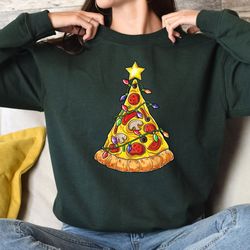 pizza christmas tree lights sweatshirt, merry christmas sweatshirt, family holiday sweatshirt, xmas party shirt, winter