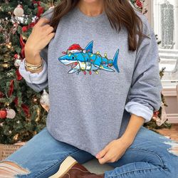 shark christmas tree lights sweatshirt, merry christmas sweatshirt, family holiday sweatshirt, xmas party shirt, winter