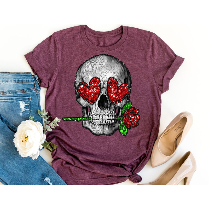 Printed Skull Sequin Shirt, Skull Valentine Shirt, Valentines Day Shirt, Valentine Shirt, Valentines Day Gift, Happy Valentines Day T-Shirt.jpg