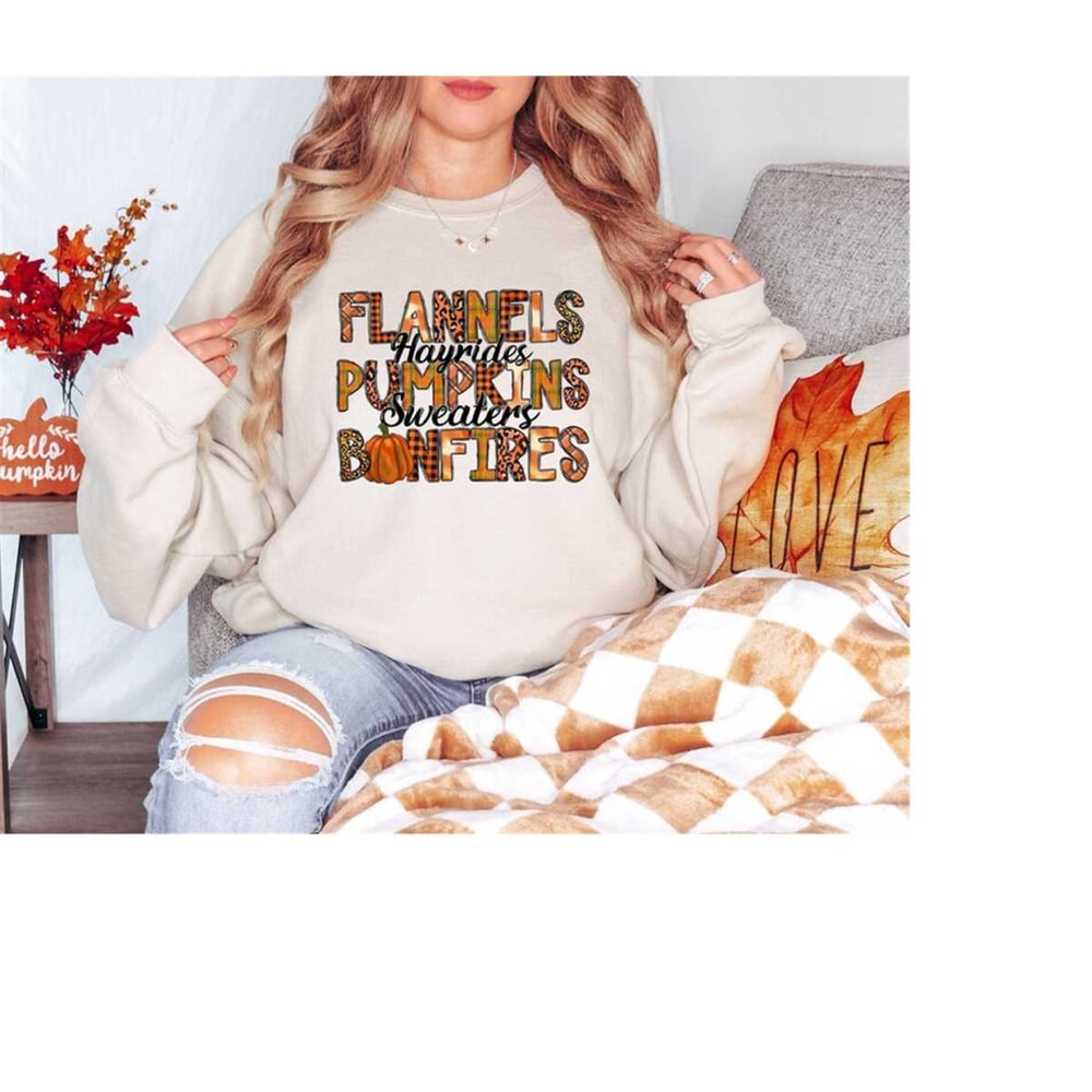 Flannels Pumpkins Hayrides S'mores and Bonfires Sweatshirt, Fall Shirt, Fall Tee, Pumpkin Spice, Cute Fall Shirt, Autumn 1.jpg