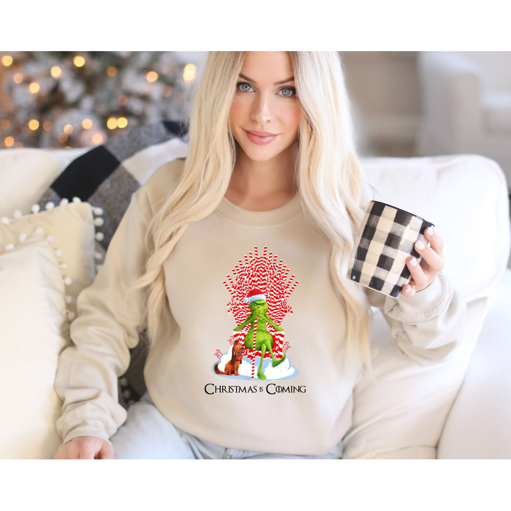 Grinch Is Coming Candy Cane Throne Funny Christmas Parody Sweatshirt, Womens Christmas Sweatshirt, Christmas Sweatshirt For Women.jpg