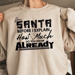 dear santa before i explain how much do you know already shirt, santa claus shirt, xmas family party crewneck, christmas