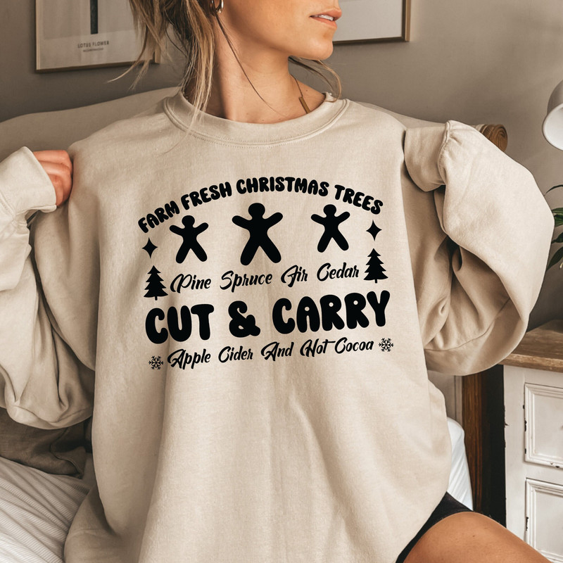 Farm Fresh Christmas Trees Sweatshirt, Funny Holiday Truck Sweatshirt, Pine Spruce Fir, Gift for Family Ideas, Cut & Carry, Winter Hoodie.jpg
