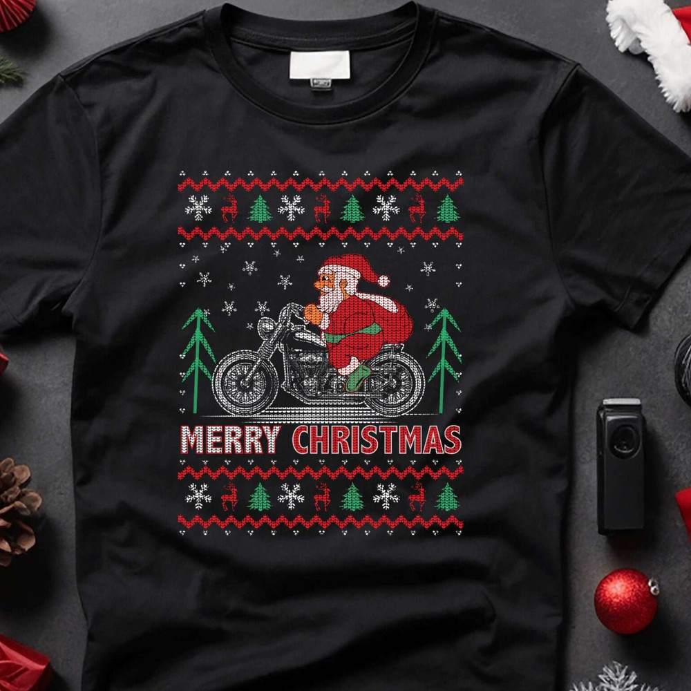Knit Merry Christmas Motorcyclist Santa Shirt, Knitted Christmas Gift For Her, Santa Claus Tee, Xmas Family Party Shirt.jpg