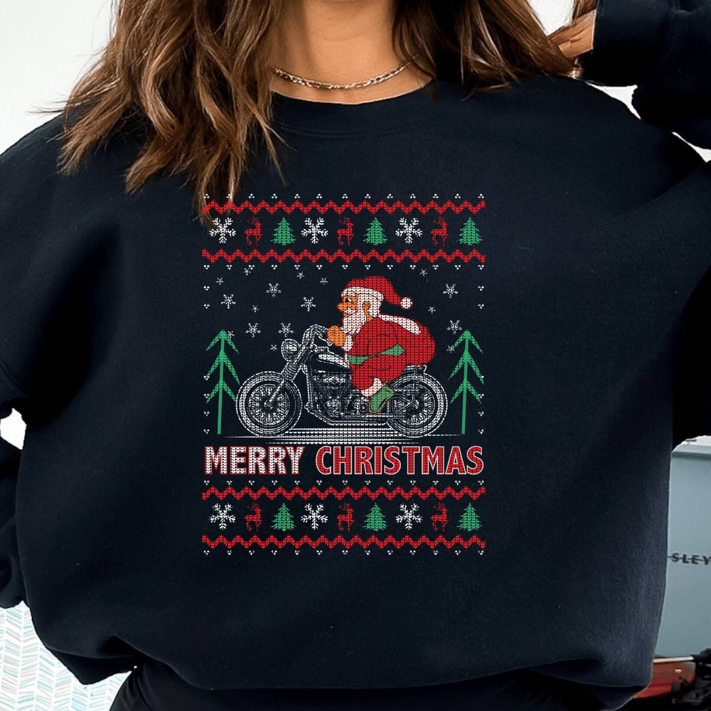 Knit Merry Christmas Motorcyclist Santa Sweatshirt, Knitted Christmas Gift For Her, Santa Claus Hoodie, Xmas Family Party Sweater.jpg