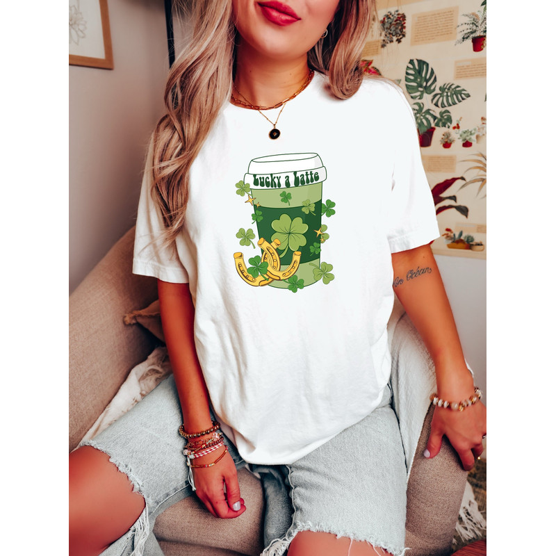 Coffee St Patricks Day shirt, Lucky latte Green Shirt, Womens Cute St Patty's Day Shirt Irish Shamrock clover shirt, women St Patricks tee.jpg