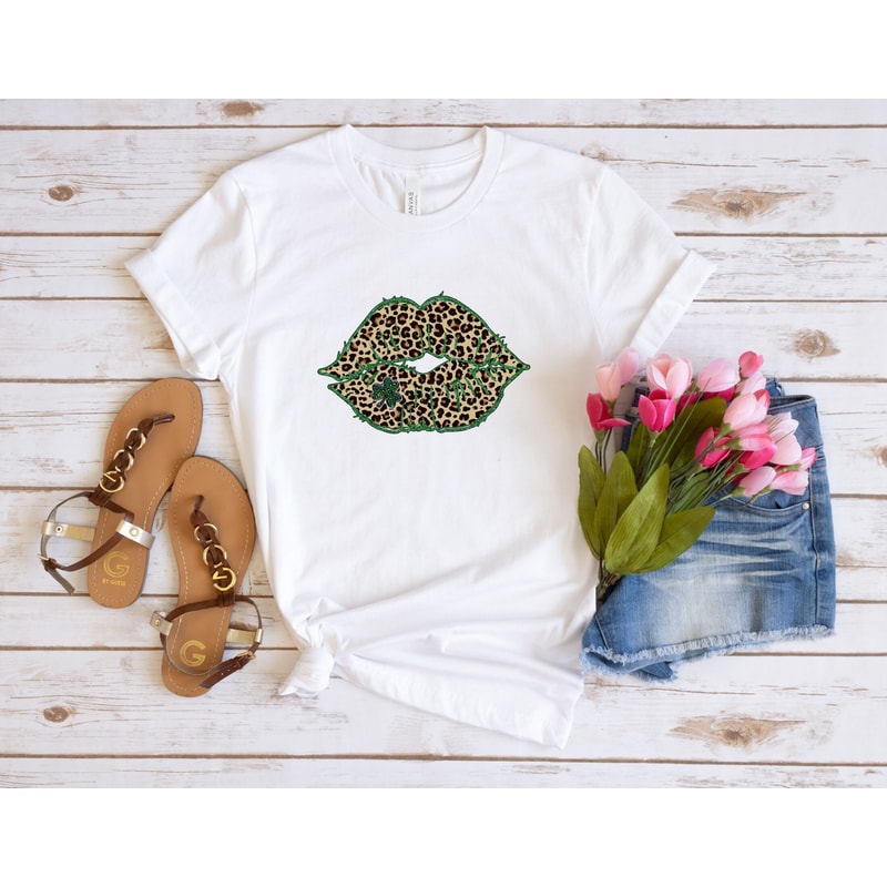 Leopard Shamrock Lips Shirt, St Patrick's Day Shirt, Patrick's Day Gift, Lucky Women Shirt, Irish Gift, Women Leopard Print St Patricks Tee.jpg